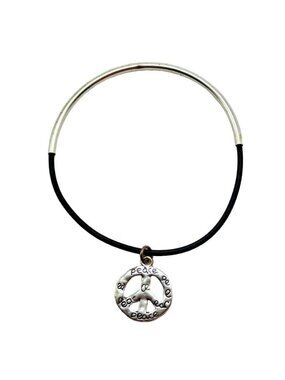 Peace Charm Bangle Bracelet Black Silver